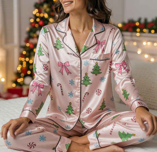 Coquette Christmas Satin Pajamas Set, Candy Canes Christmas Tree Pajamas, Christmas Pajamas, Family Matching Xmas Pajama, Coquette Pajamas