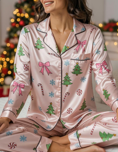 Coquette Christmas Satin Pajamas Set, Candy Canes Christmas Tree Pajamas, Christmas Pajamas, Family Matching Xmas Pajama, Coquette Pajamas