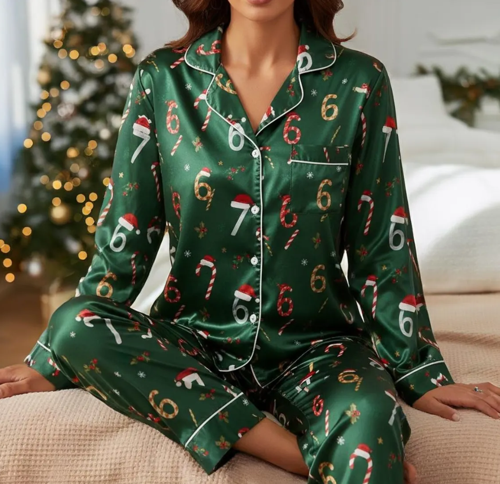 67 Candy Canes Christmas Satin Pajamas Set, Funny Six Seven Pajama, Trendy Christmas Sleepwear, 6 7 Meme Holiday Pajama, Family Xmas Pajamas