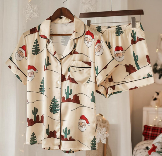 Cowboy Santa Satin Pajamas Set, Christmas Pajamas, Western Christmas Pajamas, Santa Claus Pajamas, Family Christmas Pajamas, Cozy Season Pjs