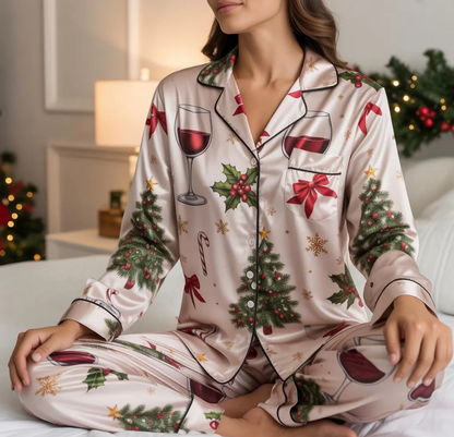 Wine Glass Christmas Trees Satin Pajamas Set, Champagne Pajamas, Christmas Gifts, Christmas Pajamas, Family Matching Christmas Pajamas