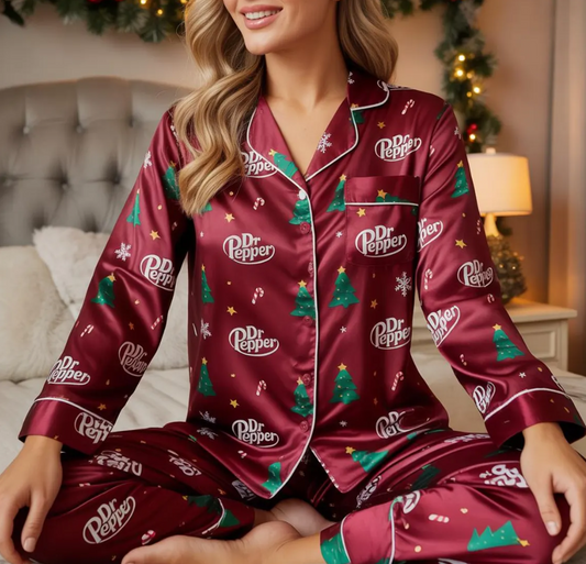 Dr Pepper Christmas Satin Pajamas Set, Est. 1885 Soda Pajamas, Diet Drink Lovers Gift, Family Matching Christmas Pajamas, Christmas Pajamas