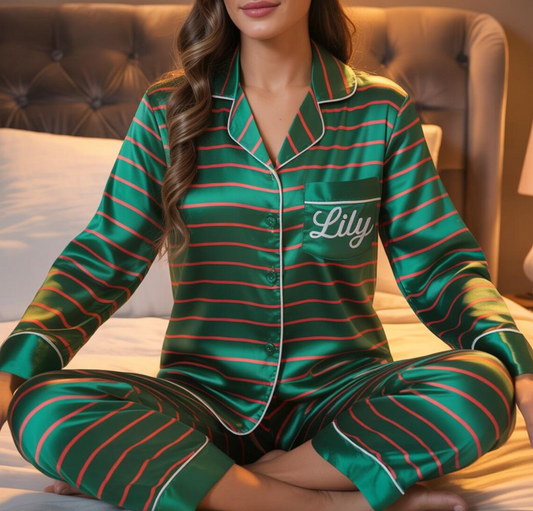 Personalized Name Family Green Red Striped Satin Pajamas Set, Christmas Pajamas, Family Matching Xmas Pajamas, Family Christmas Pajamas
