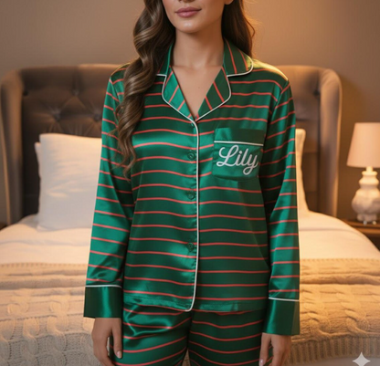 Personalized Name Family Green Red Striped Satin Pajamas Set, Christmas Pajamas, Family Matching Xmas Pajamas, Family Christmas Pajamas