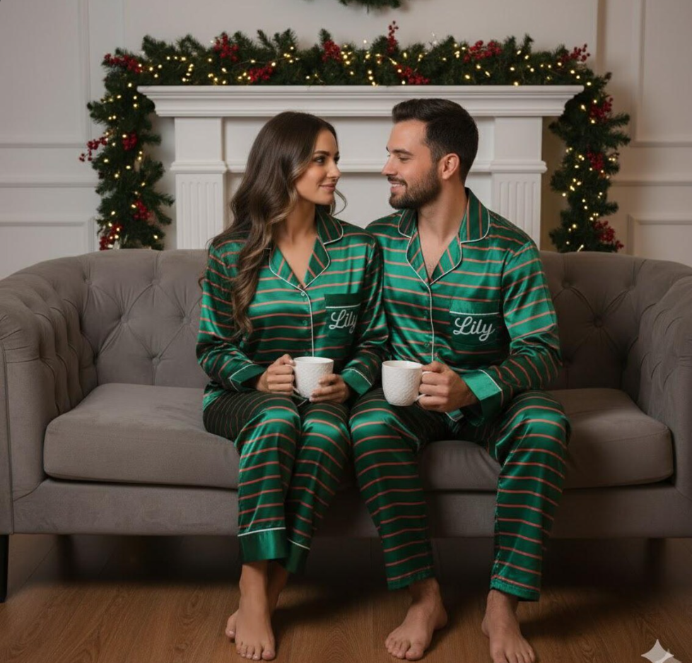 Personalized Name Family Green Red Striped Satin Pajamas Set, Christmas Pajamas, Family Matching Xmas Pajamas, Family Christmas Pajamas