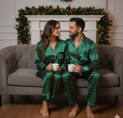 Personalized Name Family Green Red Striped Satin Pajamas Set, Christmas Pajamas, Family Matching Xmas Pajamas, Family Christmas Pajamas