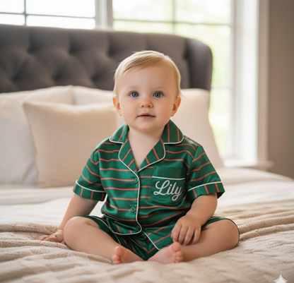 Personalized Name Family Green Red Striped Satin Pajamas Set, Christmas Pajamas, Family Matching Xmas Pajamas, Family Christmas Pajamas