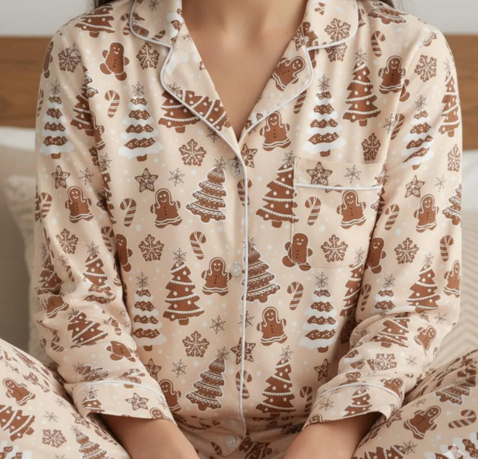 Christmas Baking With Gingerbread Cookies Chrismas Tree Candy Canes Satin Pajama Set, Gingerbread Pajamas, Family Matching Christmas Pajamas