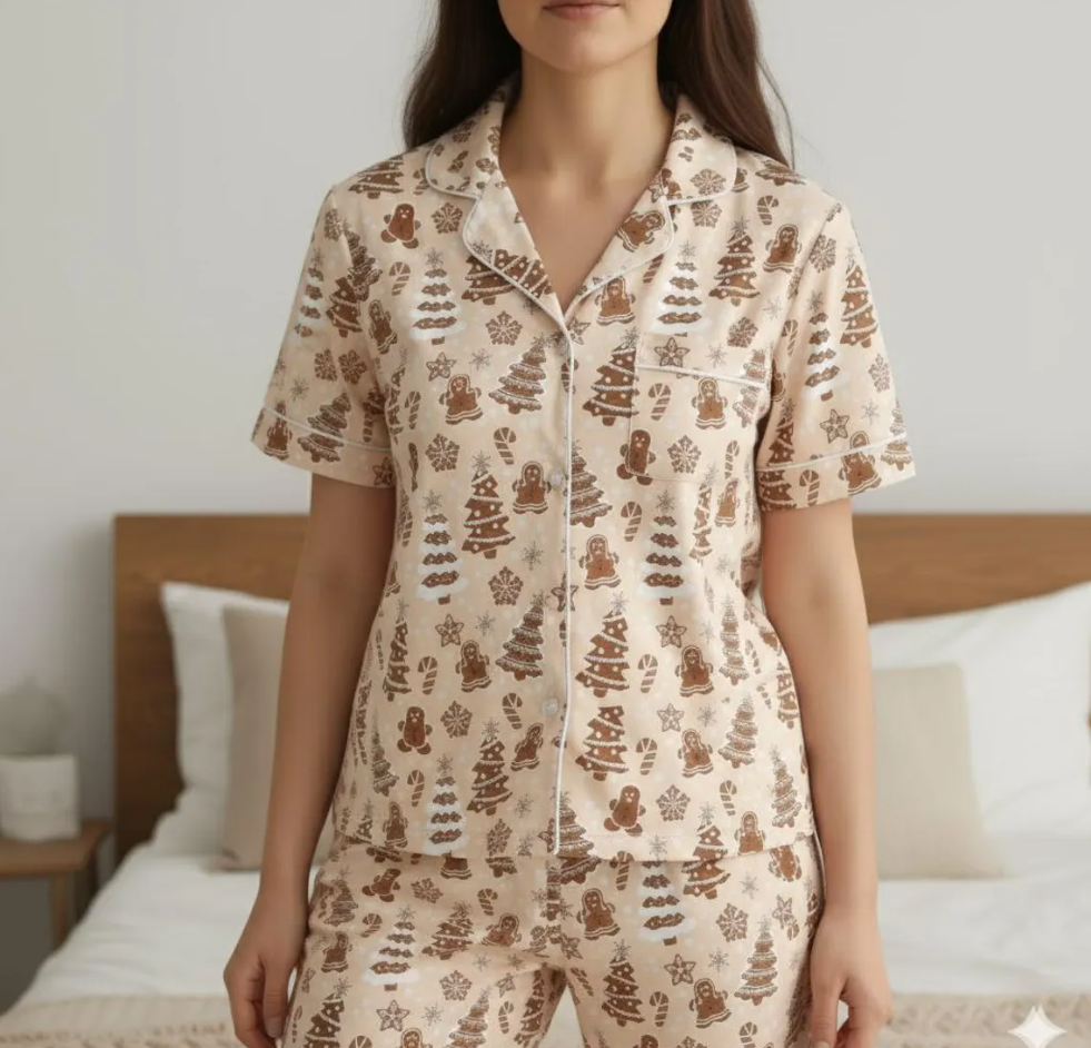 Christmas Baking With Gingerbread Cookies Chrismas Tree Candy Canes Satin Pajama Set, Gingerbread Pajamas, Family Matching Christmas Pajamas