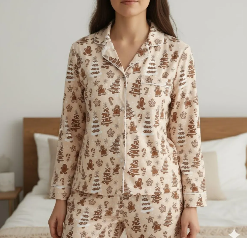 Christmas Baking With Gingerbread Cookies Chrismas Tree Candy Canes Satin Pajama Set, Gingerbread Pajamas, Family Matching Christmas Pajamas