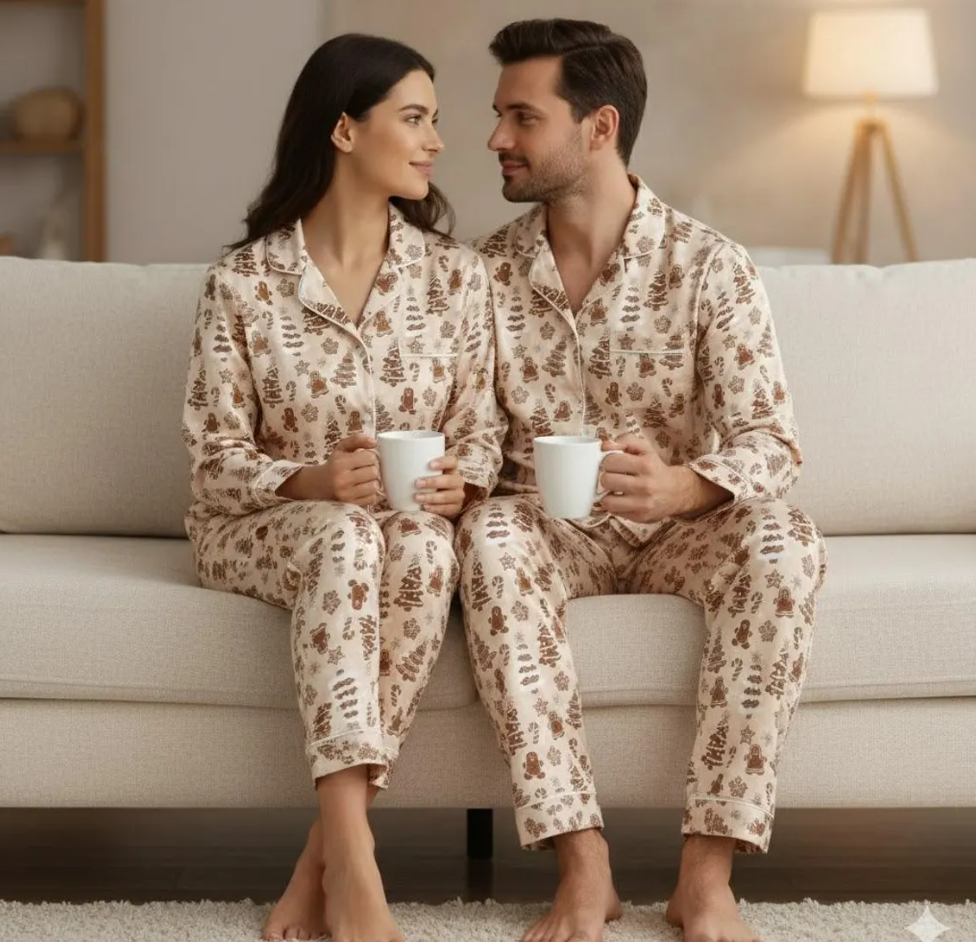 Christmas Baking With Gingerbread Cookies Chrismas Tree Candy Canes Satin Pajama Set, Gingerbread Pajamas, Family Matching Christmas Pajamas