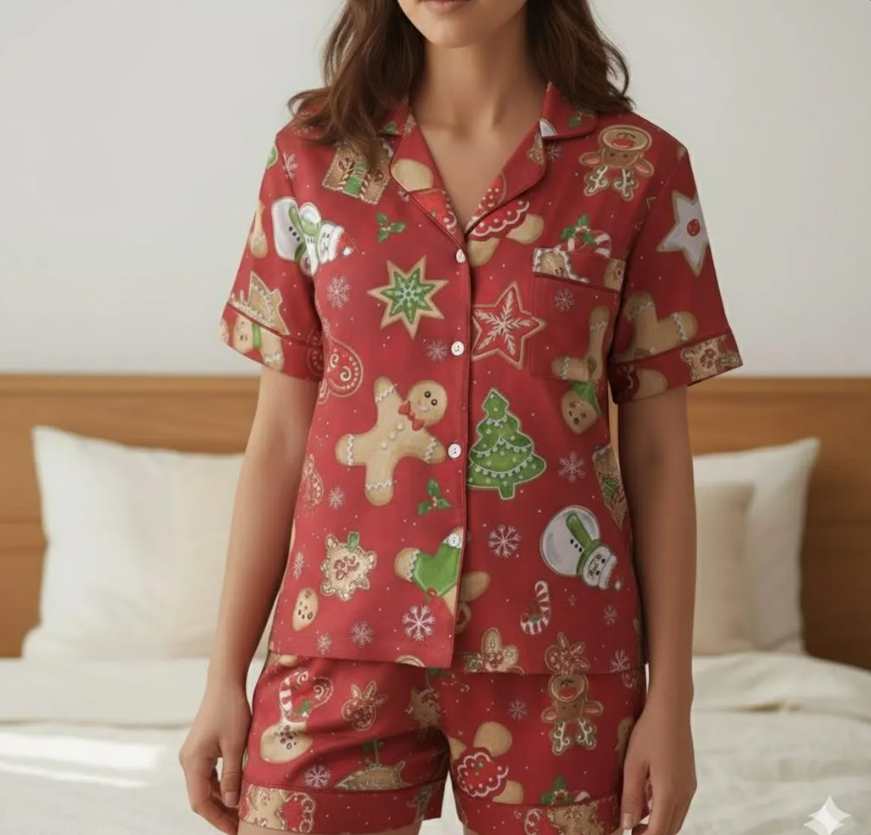 Red Christmas Baking With Gingerbread Cookies Snowman Satin Pajama Set, Gingerbread Pajamas, Xmas Pajamas, Family Matching Christmas Pajamas