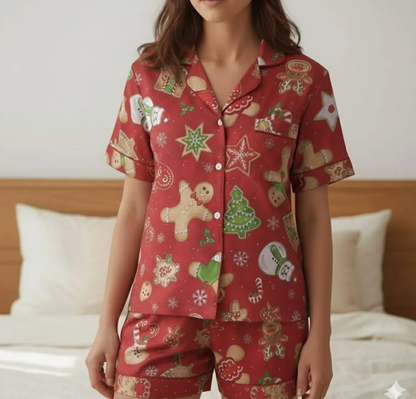 Red Christmas Baking With Gingerbread Cookies Snowman Satin Pajama Set, Gingerbread Pajamas, Xmas Pajamas, Family Matching Christmas Pajamas