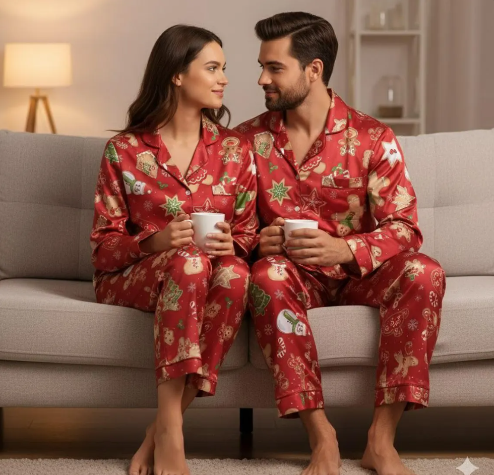 Red Christmas Baking With Gingerbread Cookies Snowman Satin Pajama Set, Gingerbread Pajamas, Xmas Pajamas, Family Matching Christmas Pajamas