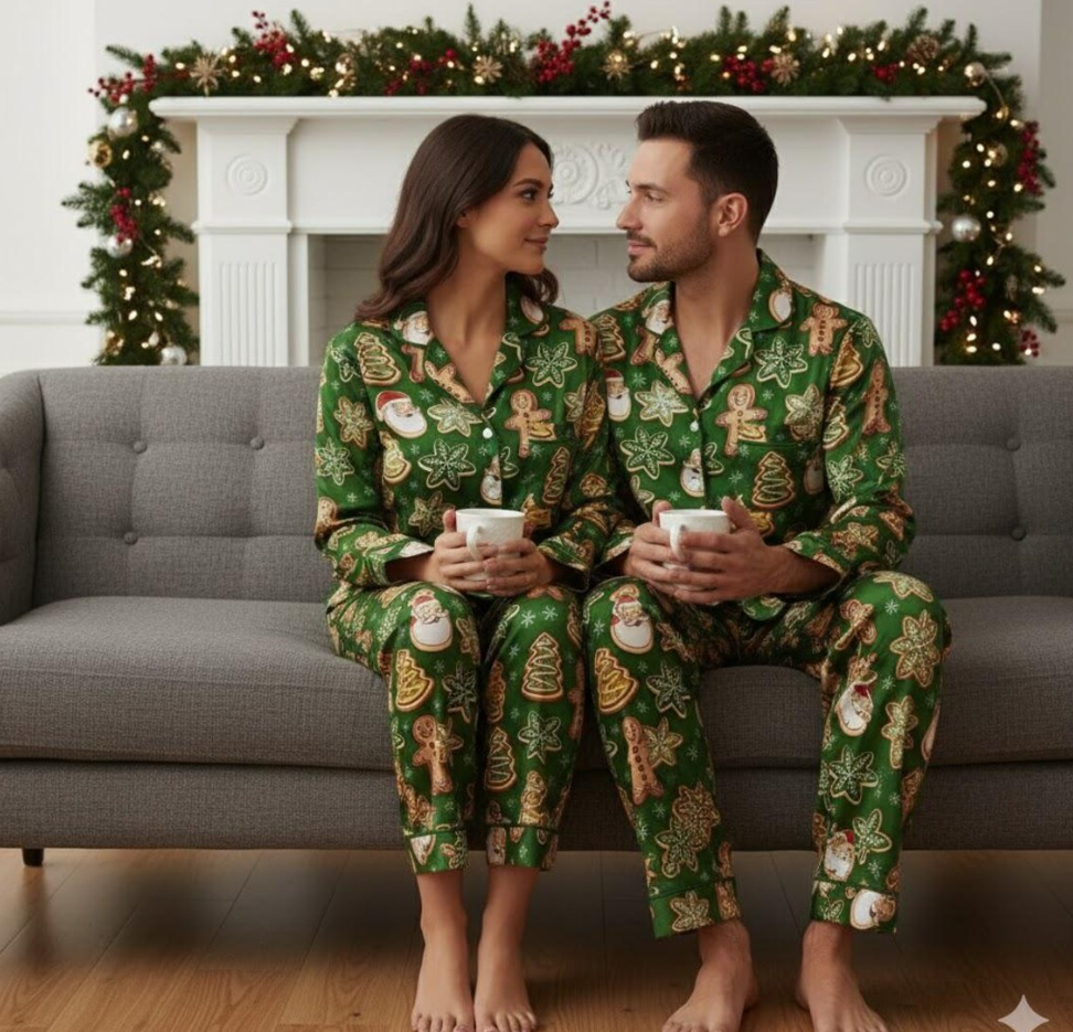 Gingerbread Santa Snowflakes Candy Christmas Satin Pajama Set, Gingerbread Pajama, Santa Claus Pajamas, Family Matching Christmas Pajamas