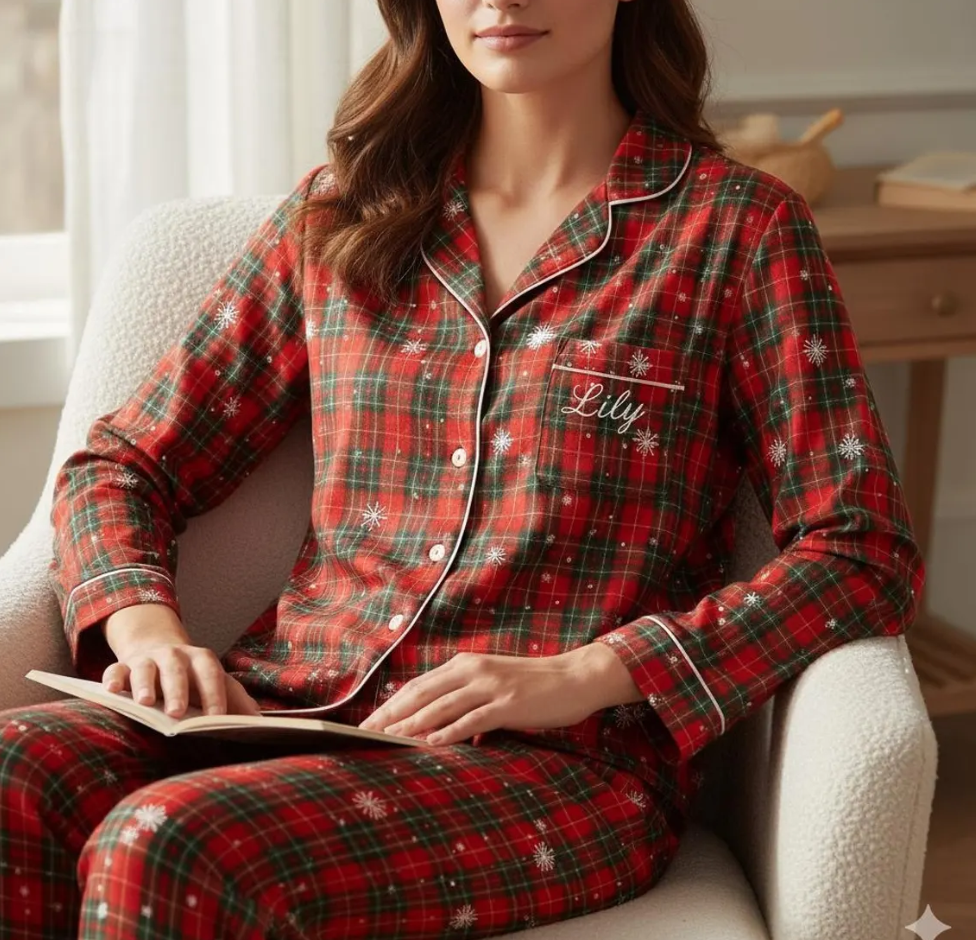 Personalized Name Family Matching Christmas Plaid Satin Pajamas Set, Family Xmas Pajamas, Family Matching Pajamas, Family Christmas Pajamas