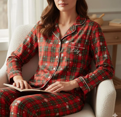 Personalized Name Family Matching Christmas Plaid Satin Pajamas Set, Family Xmas Pajamas, Family Matching Pajamas, Family Christmas Pajamas