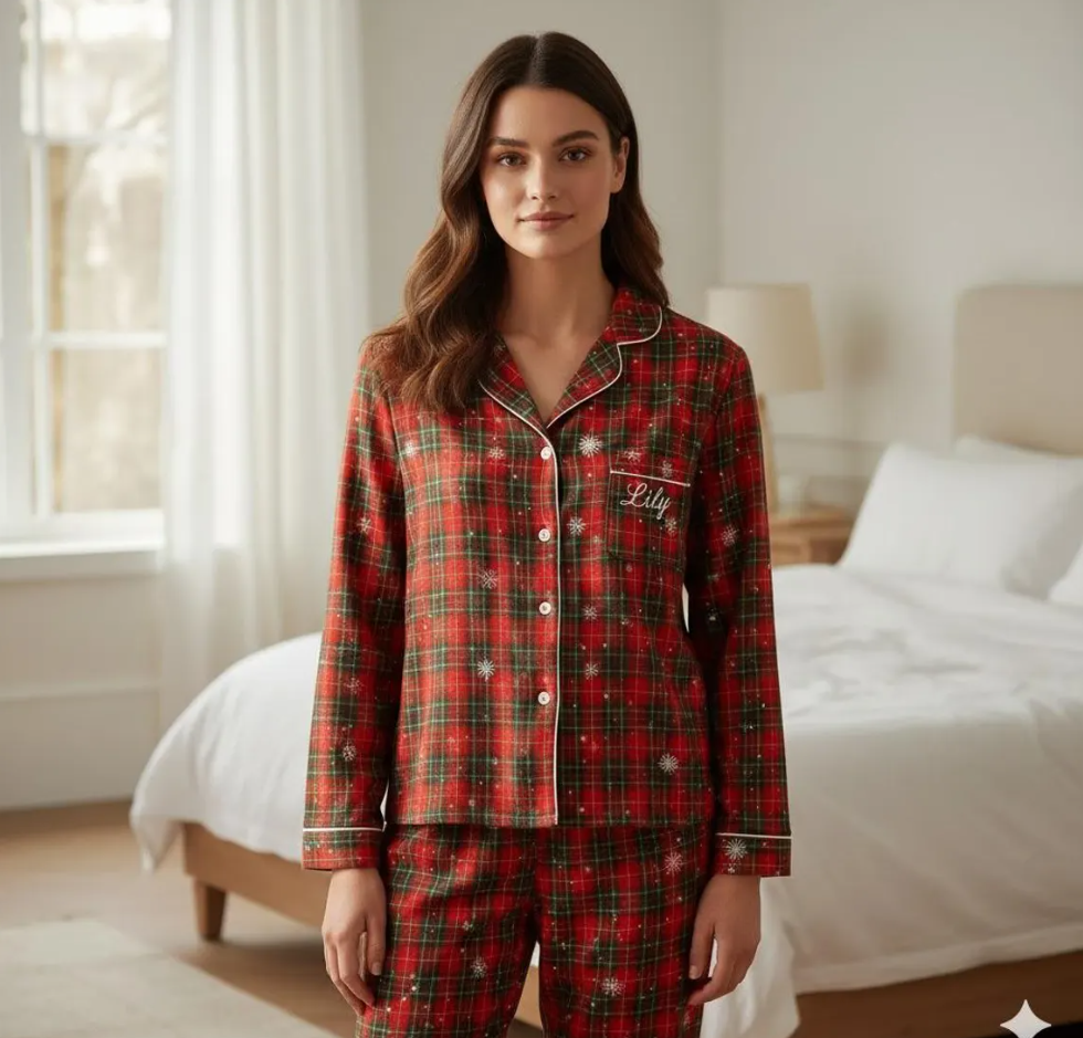 Personalized Name Family Matching Christmas Plaid Satin Pajamas Set, Family Xmas Pajamas, Family Matching Pajamas, Family Christmas Pajamas