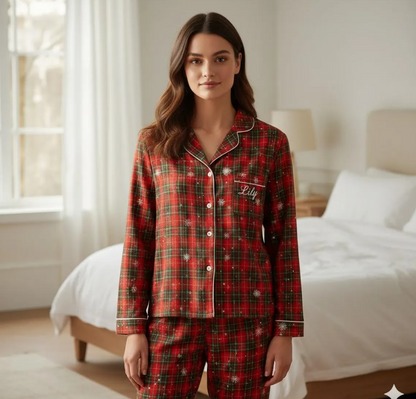 Personalized Name Family Matching Christmas Plaid Satin Pajamas Set, Family Xmas Pajamas, Family Matching Pajamas, Family Christmas Pajamas