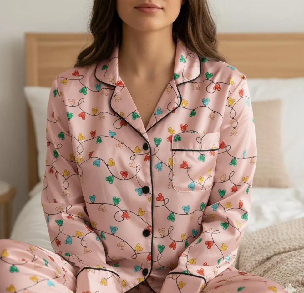 Disney Mickey Mouse Christmas Lights Satin Pajama Set, Mickey Ears Christmas Pjs, Disneyland Pjs, Disney Family Xmas Pajama, Disney Pajamas