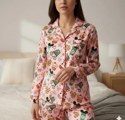 Disney Mickey Coffee Satin Pajama Set, Micky Mouse Christmas Drink Pajama, Disneyland Pjs, Disney Family Christmas Pajamas, Disney Christmas