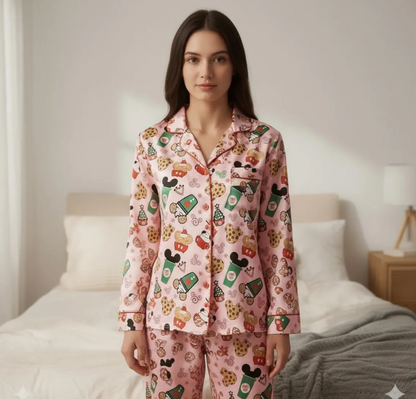 Disney Mickey Coffee Satin Pajama Set, Micky Mouse Christmas Drink Pajama, Disneyland Pjs, Disney Family Christmas Pajamas, Disney Christmas