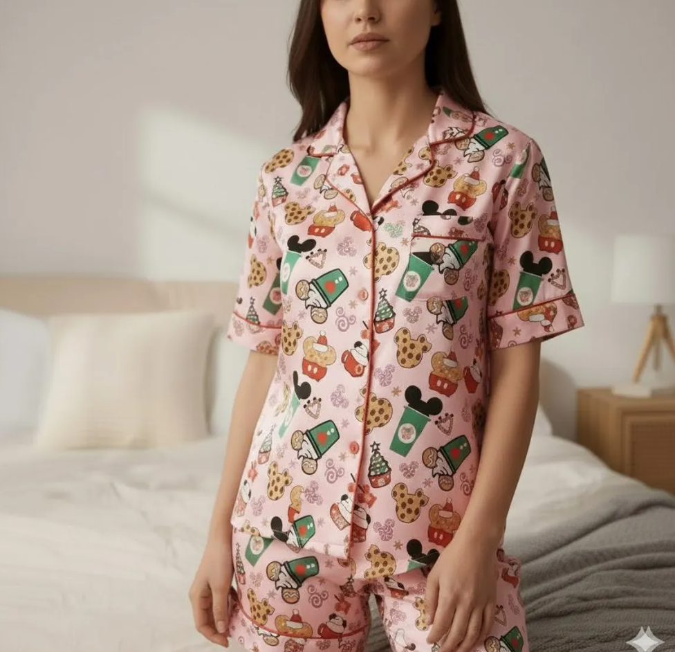 Disney Mickey Coffee Satin Pajama Set, Micky Mouse Christmas Drink Pajama, Disneyland Pjs, Disney Family Christmas Pajamas, Disney Christmas