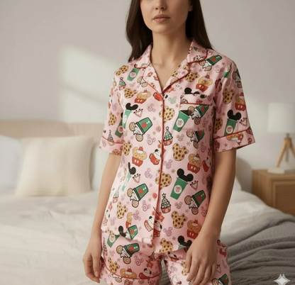 Disney Mickey Coffee Satin Pajama Set, Micky Mouse Christmas Drink Pajama, Disneyland Pjs, Disney Family Christmas Pajamas, Disney Christmas