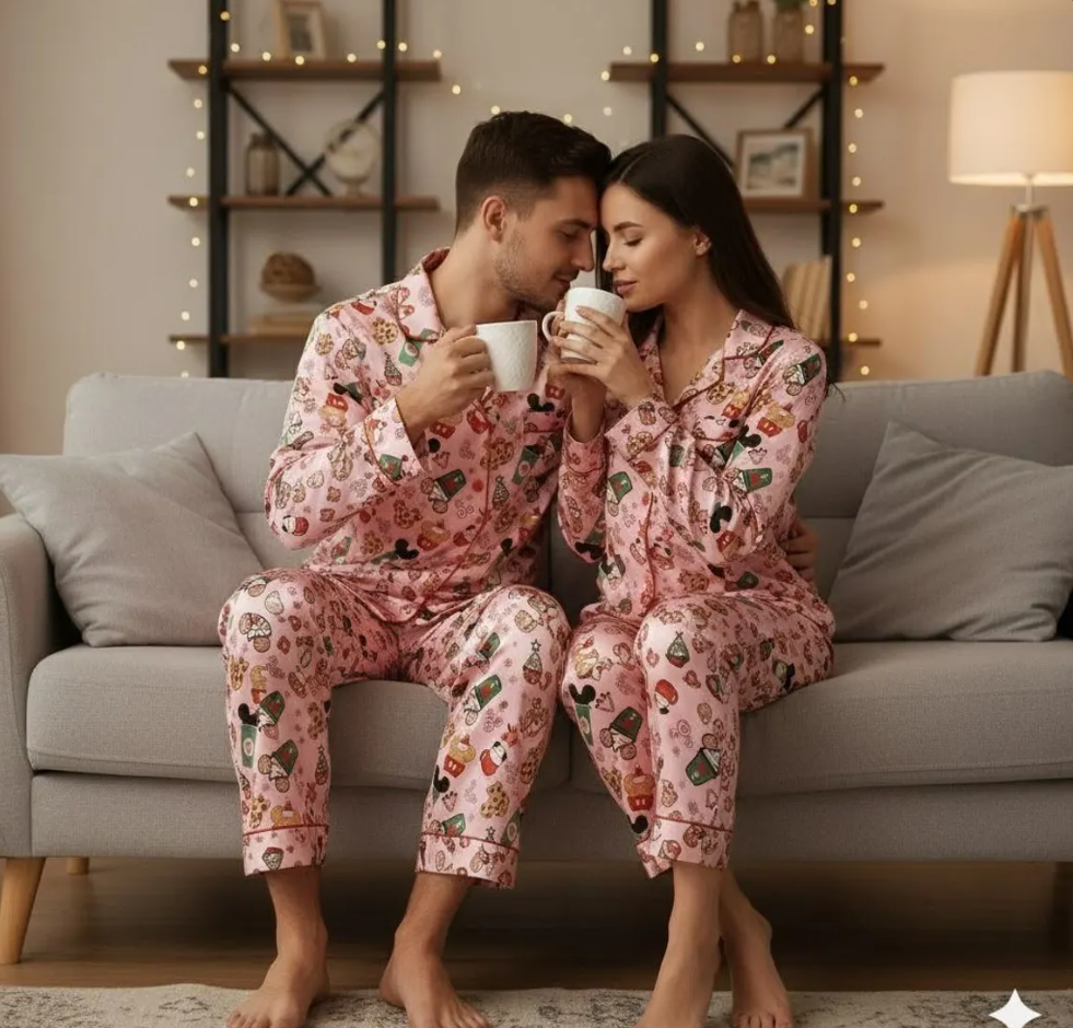 Disney Mickey Coffee Satin Pajama Set, Micky Mouse Christmas Drink Pajama, Disneyland Pjs, Disney Family Christmas Pajamas, Disney Christmas