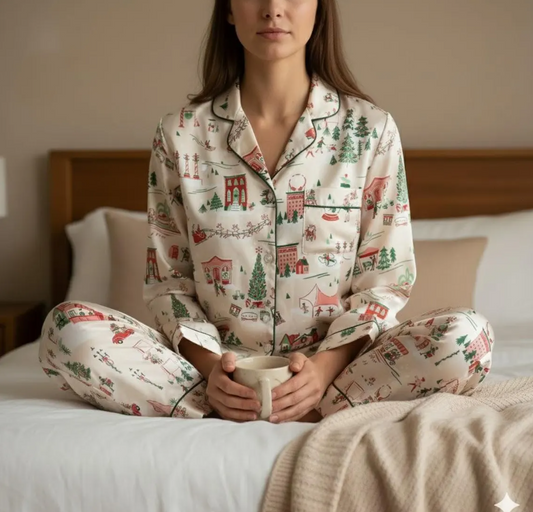 North Pole Village Express Satin Pajamas Set, Vinatge Christmas Pajamas, Santa Claus Xmas Sleepwear, Christmas Pajamas, Christmas Family Pjs