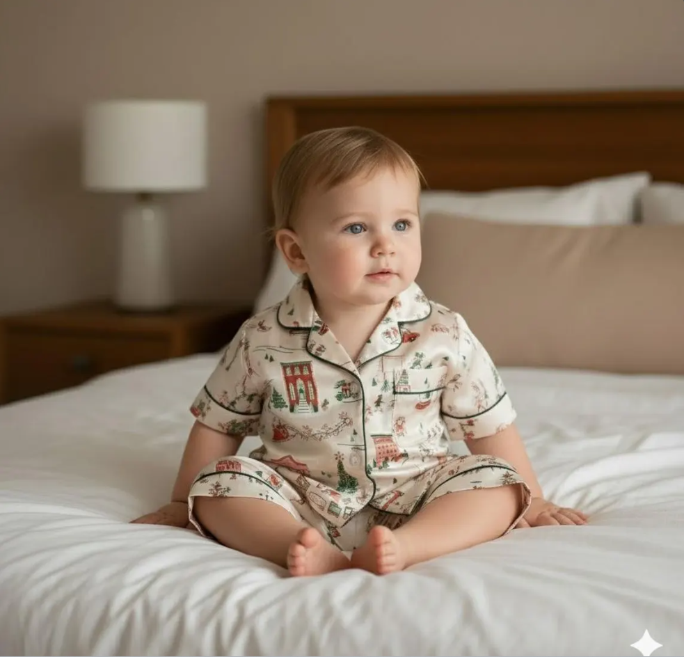 North Pole Village Express Satin Pajamas Set, Vinatge Christmas Pajamas, Santa Claus Xmas Sleepwear, Christmas Pajamas, Christmas Family Pjs