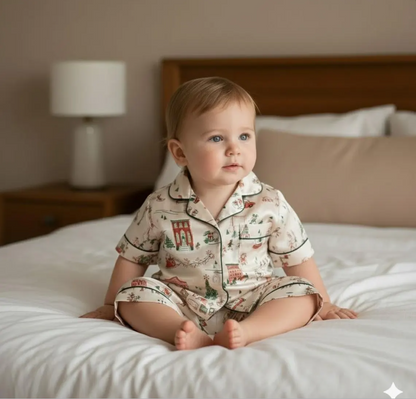 North Pole Village Express Satin Pajamas Set, Vinatge Christmas Pajamas, Santa Claus Xmas Sleepwear, Christmas Pajamas, Christmas Family Pjs