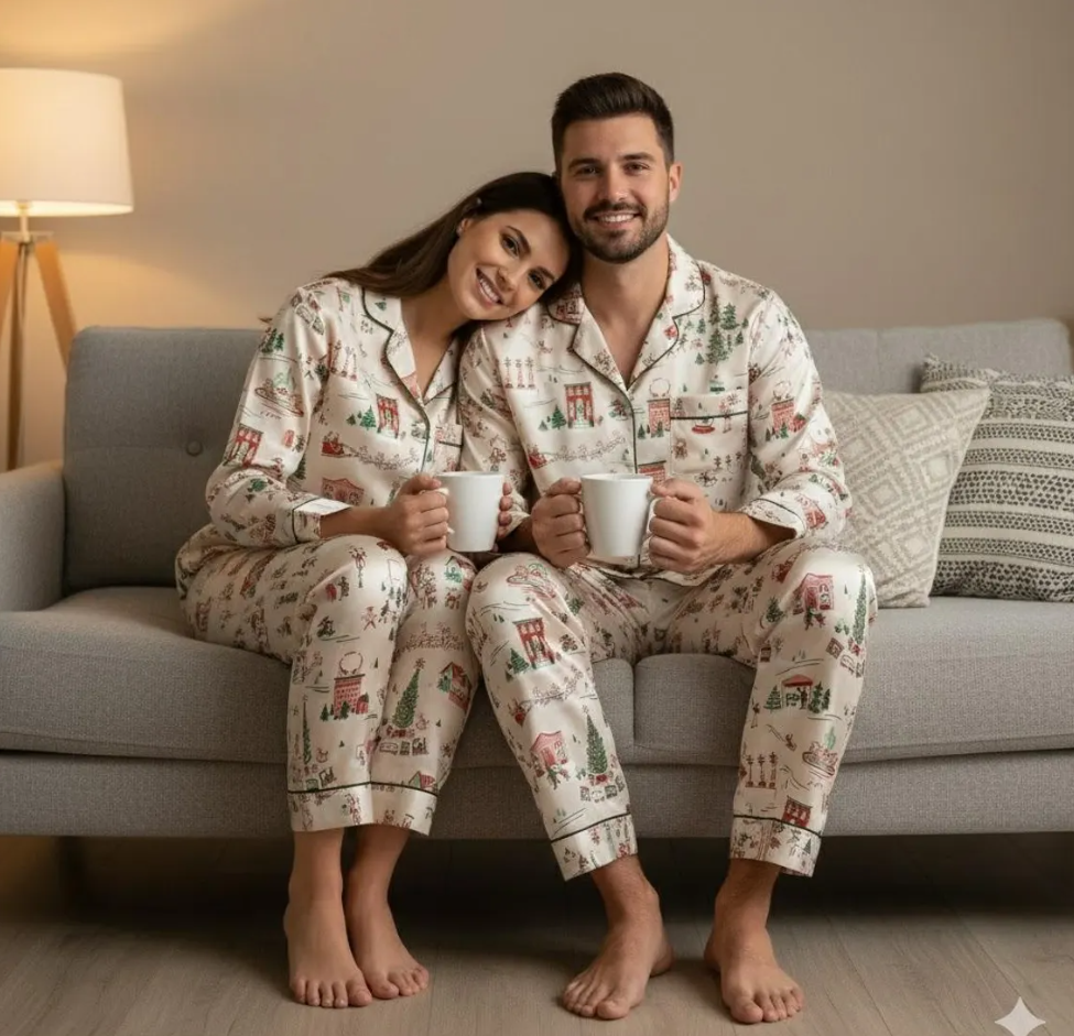 North Pole Village Express Satin Pajamas Set, Vinatge Christmas Pajamas, Santa Claus Xmas Sleepwear, Christmas Pajamas, Christmas Family Pjs