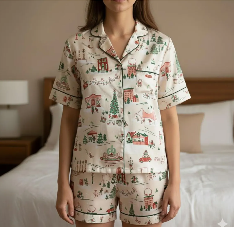 North Pole Village Express Satin Pajamas Set, Vinatge Christmas Pajamas, Santa Claus Xmas Sleepwear, Christmas Pajamas, Christmas Family Pjs
