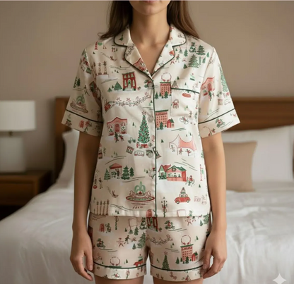 North Pole Village Express Satin Pajamas Set, Vinatge Christmas Pajamas, Santa Claus Xmas Sleepwear, Christmas Pajamas, Christmas Family Pjs
