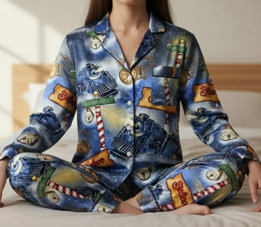 Po-lar Express Satin Pajamas Set, Believe Train Xmas Sleepwear, Christmas Pajamas, Christmas Family Matching Pajamas, Christmas Party Pajama