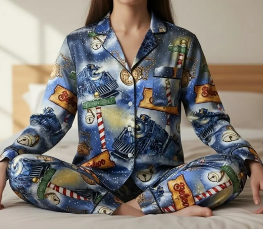 Po-lar Express Satin Pajamas Set, Believe Train Xmas Sleepwear, Christmas Pajamas, Christmas Family Matching Pajamas, Christmas Party Pajama