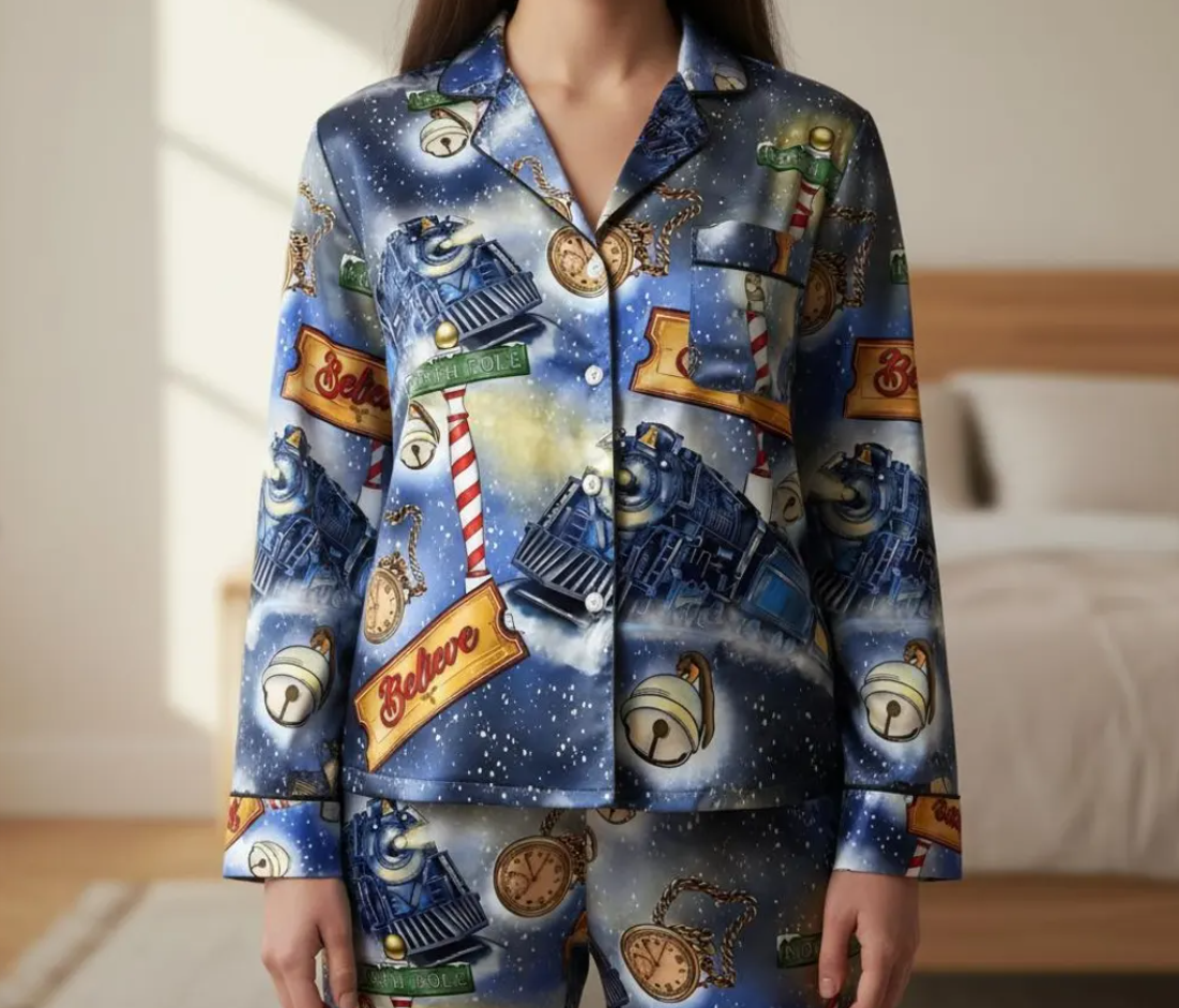 Po-lar Express Satin Pajamas Set, Believe Train Xmas Sleepwear, Christmas Pajamas, Christmas Family Matching Pajamas, Christmas Party Pajama