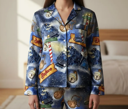 Po-lar Express Satin Pajamas Set, Believe Train Xmas Sleepwear, Christmas Pajamas, Christmas Family Matching Pajamas, Christmas Party Pajama