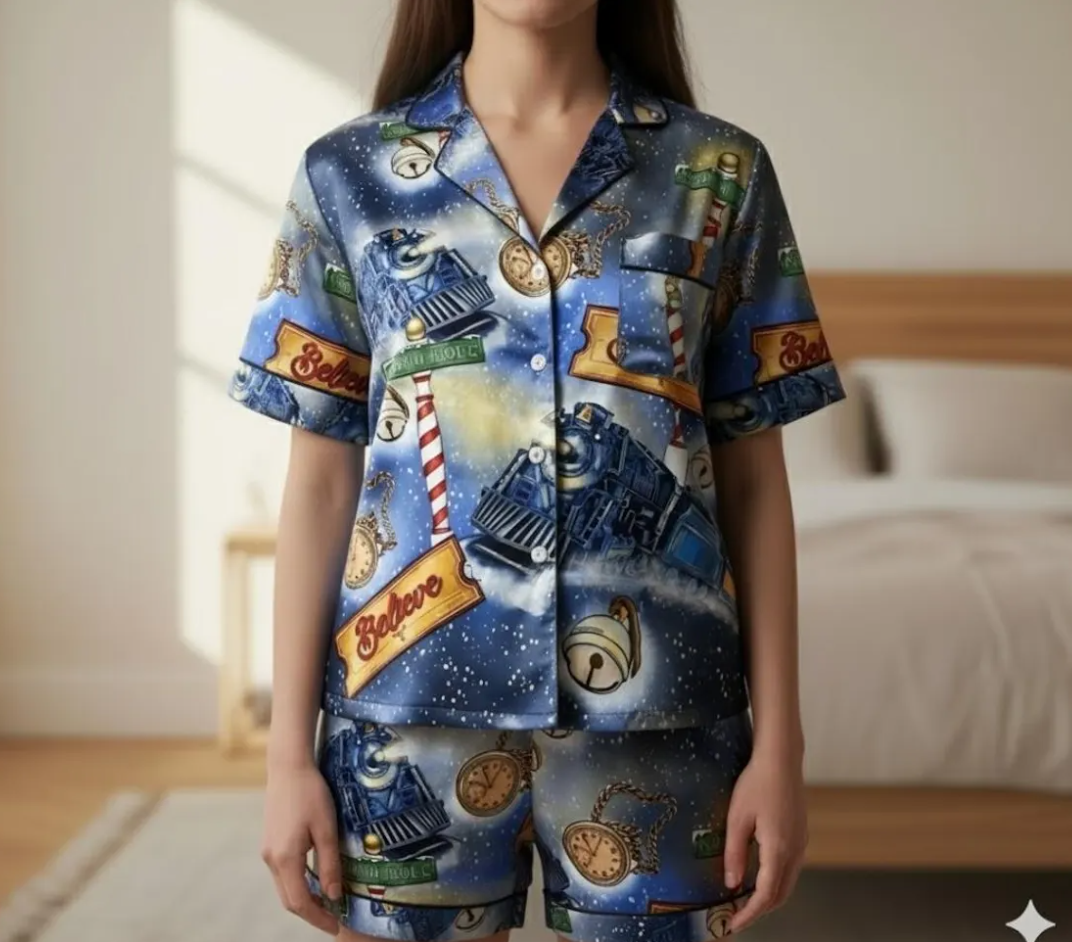 Po-lar Express Satin Pajamas Set, Believe Train Xmas Sleepwear, Christmas Pajamas, Christmas Family Matching Pajamas, Christmas Party Pajama