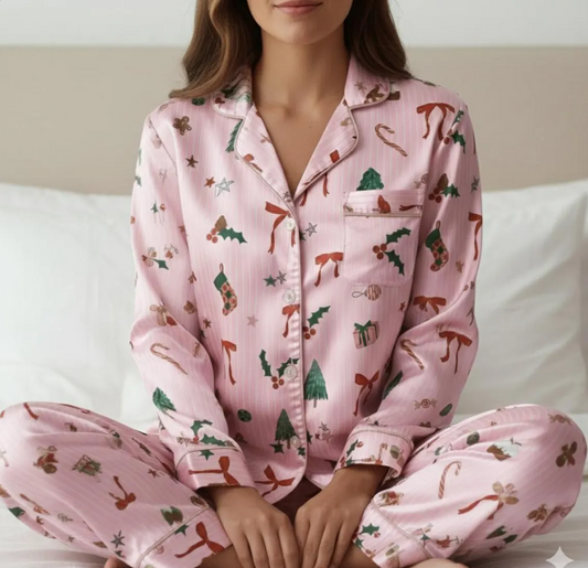 Christmas Pink Satin Pajamas Set, Coquette Pajama, Cute Holiday Sleepwear Set, Xmas Family Matching Satin Pajama, Festive Christmas Pajamas