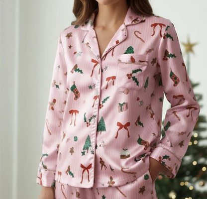 Christmas Pink Satin Pajamas Set, Coquette Pajama, Cute Holiday Sleepwear Set, Xmas Family Matching Satin Pajama, Festive Christmas Pajamas