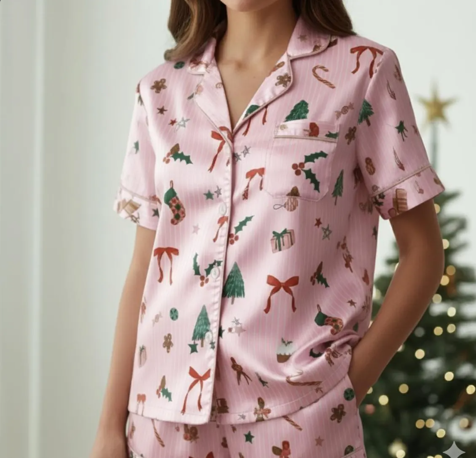 Christmas Pink Satin Pajamas Set, Coquette Pajama, Cute Holiday Sleepwear Set, Xmas Family Matching Satin Pajama, Festive Christmas Pajamas