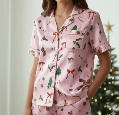 Christmas Pink Satin Pajamas Set, Coquette Pajama, Cute Holiday Sleepwear Set, Xmas Family Matching Satin Pajama, Festive Christmas Pajamas