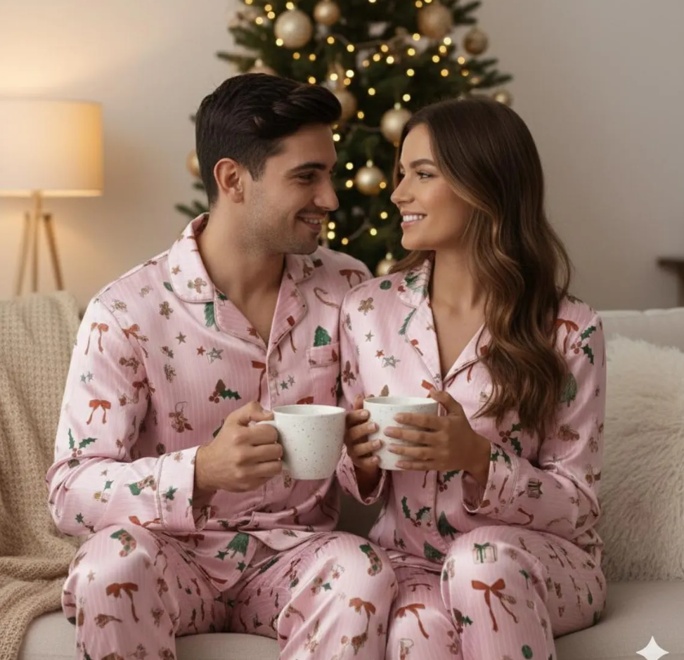 Christmas Pink Satin Pajamas Set, Coquette Pajama, Cute Holiday Sleepwear Set, Xmas Family Matching Satin Pajama, Festive Christmas Pajamas