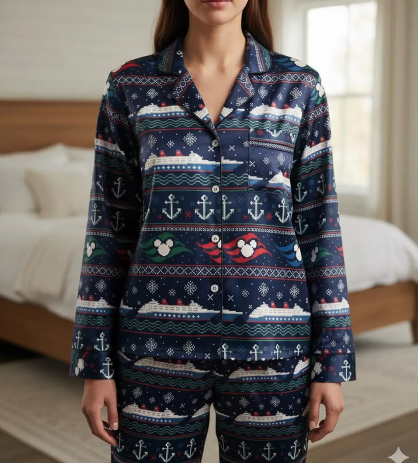 Disney Cruise Trip Scandinavian Pattern Satin Pajamas Set, Disney Cruise Ship Pajama Set, Disney Cruise Pjs, Disney Family Christmas Pajamas
