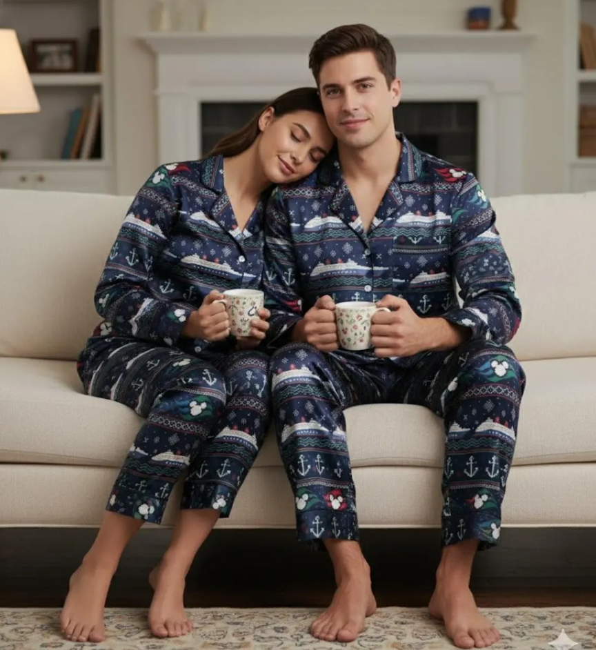 Disney Cruise Trip Scandinavian Pattern Satin Pajamas Set, Disney Cruise Ship Pajama Set, Disney Cruise Pjs, Disney Family Christmas Pajamas