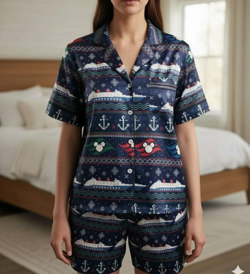 Disney Cruise Trip Scandinavian Pattern Satin Pajamas Set, Disney Cruise Ship Pajama Set, Disney Cruise Pjs, Disney Family Christmas Pajamas