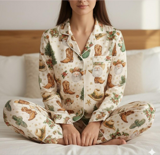 Christmas Cowboy Satin Pajamas Set, Western Christmas Pajamas, Family Xmas Matching Pyjama, Cowboy Santa Pjs, Western Rodeo Themed Pajamas