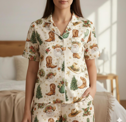 Christmas Cowboy Satin Pajamas Set, Western Christmas Pajamas, Family Xmas Matching Pyjama, Cowboy Santa Pjs, Western Rodeo Themed Pajamas